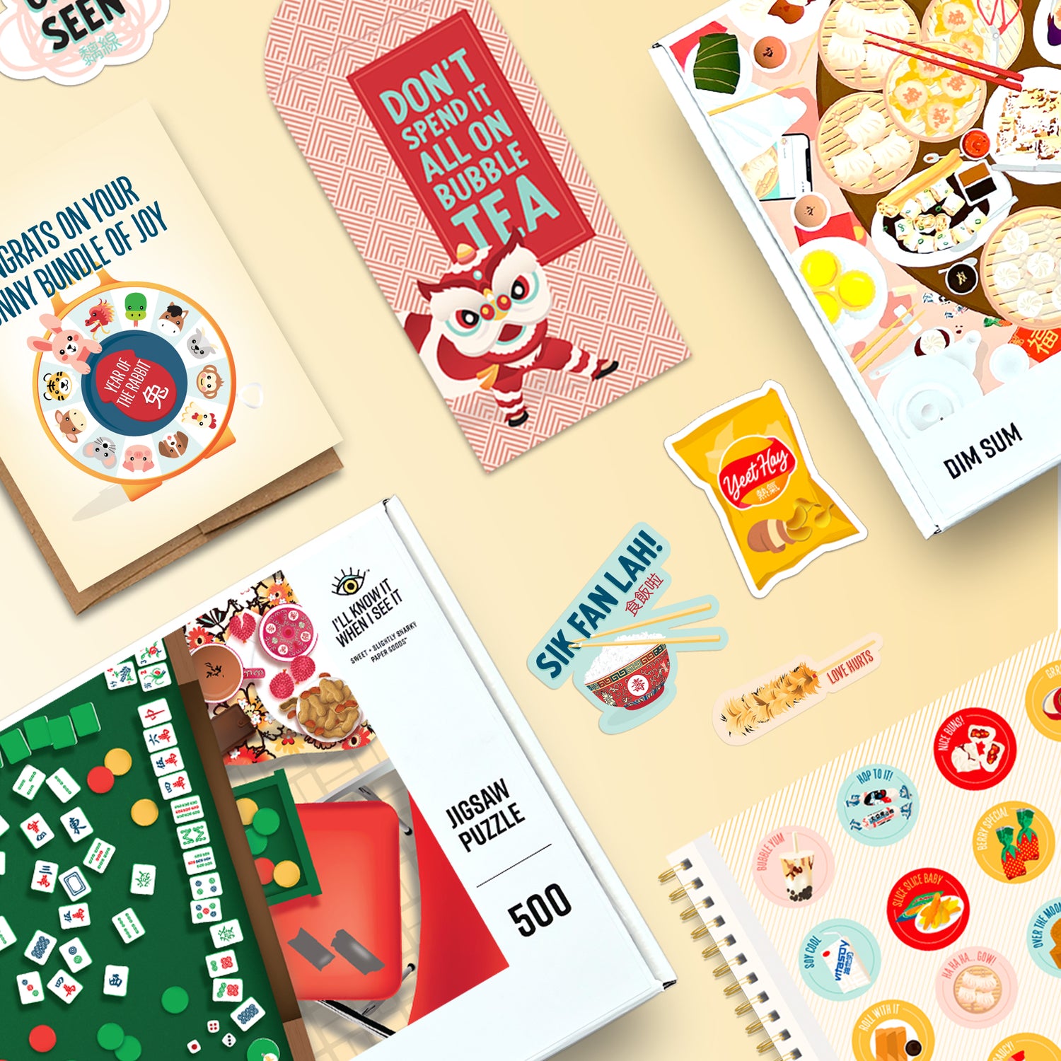 A selection of Asian-themed cards, stickers, magnets, notebooks, puzzles and red pockets by I&