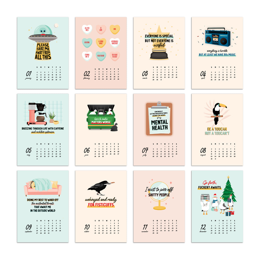 2026 sweet + slightly snarky 12 month calendar by I&