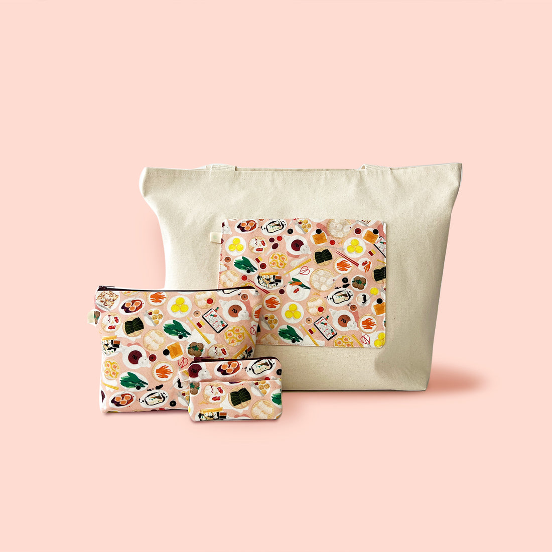 Dim sum pattern tote bag, zipper pouch and coin purse by I&