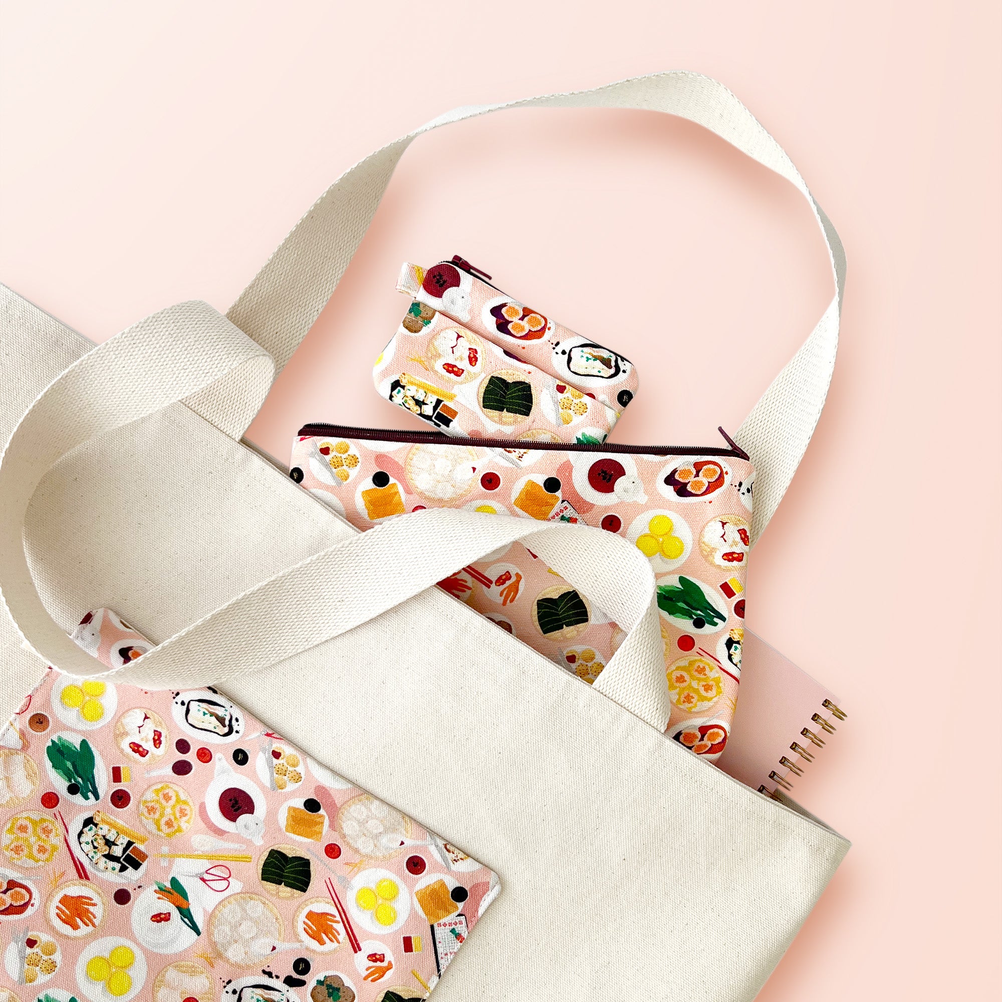 Dim sum pattern canvas tote bag, zipper pouch and coin purse by I'll Know It When I See It