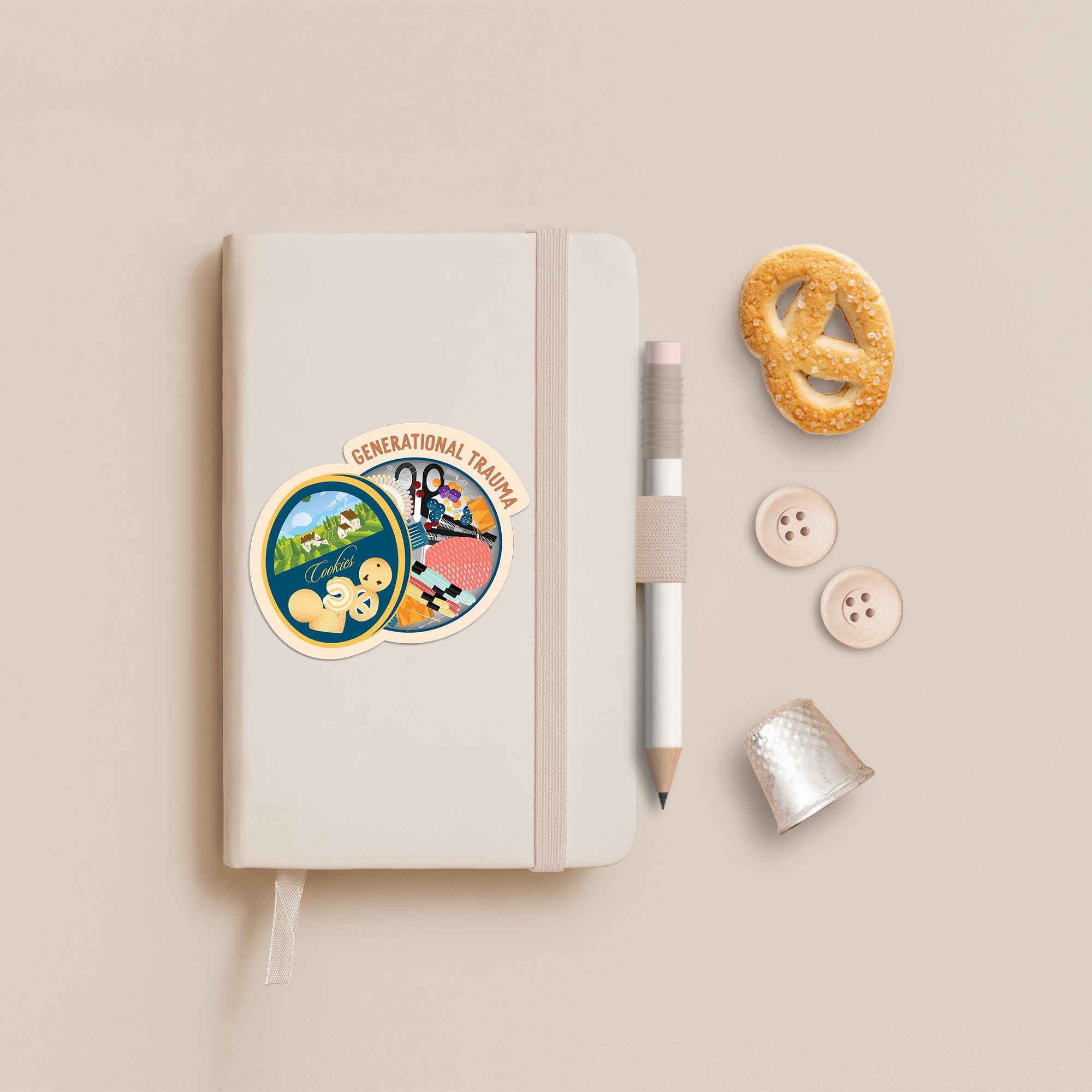 Cookie tin with sewing items generational trauma vinyl sticker by I&