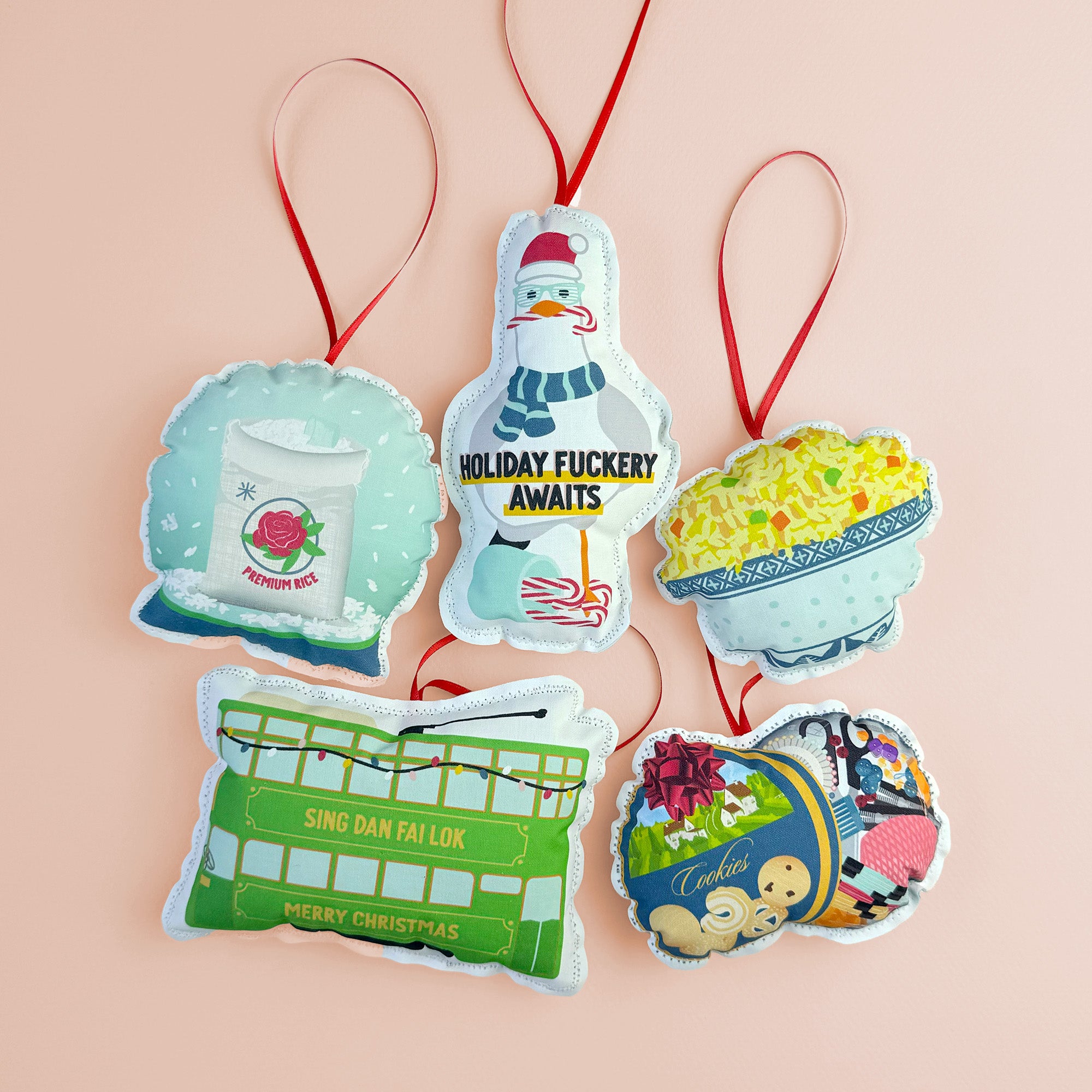 Asian-themed plush Christmas ornaments by I&