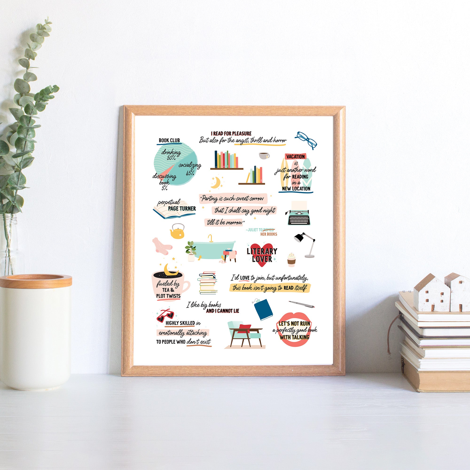 Book lovers art print framed on shelf