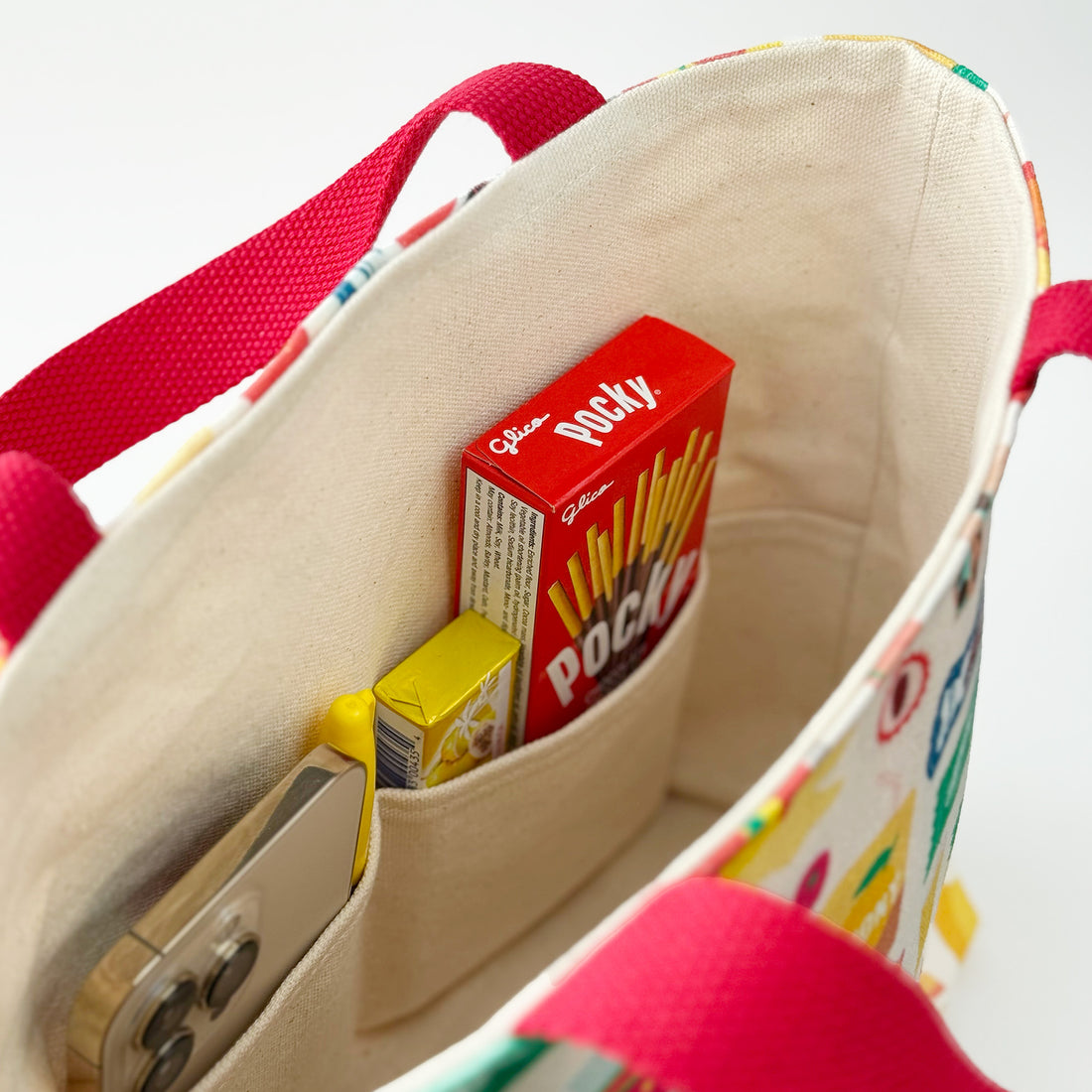 Asian sweets + snacks pattern mini tote bag inside pockets by I&