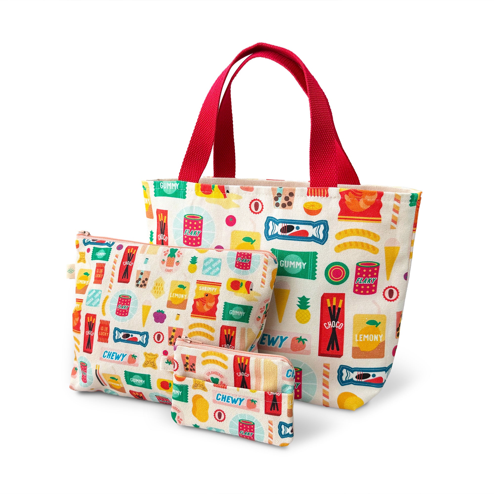 Asian sweets + snacks pattern mini tote bag with matching zipper pouch and coin purse by I&