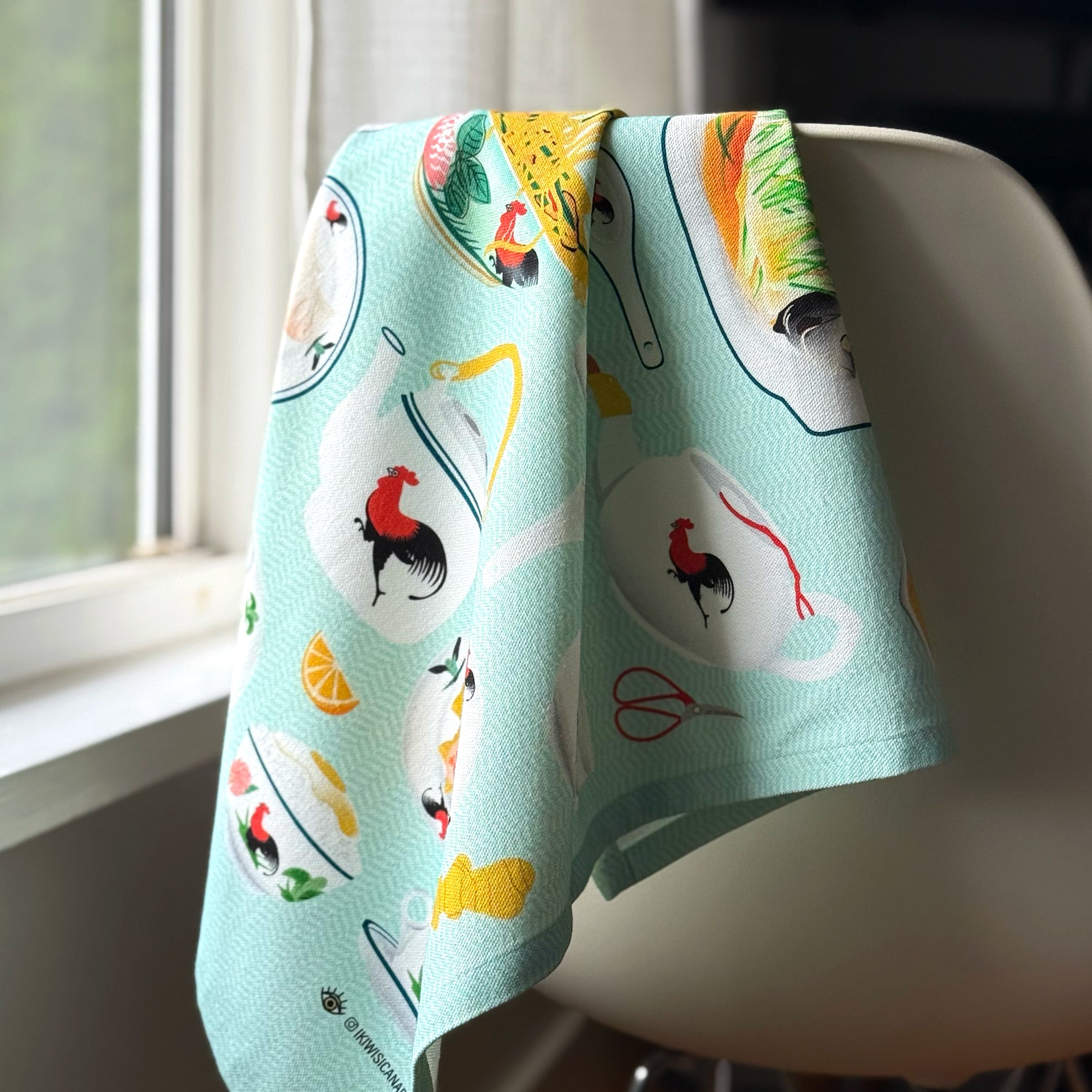 Tea towel with rooster dishware printed illustration by I&