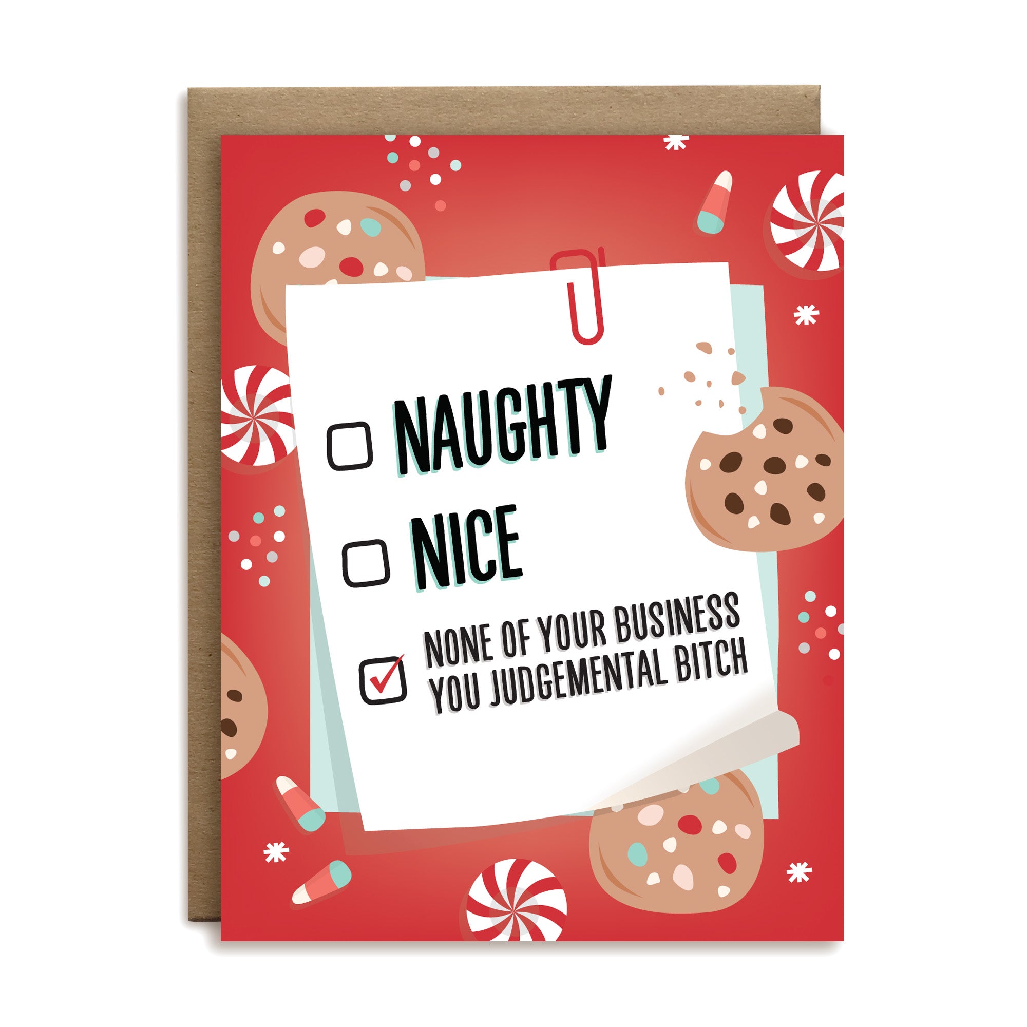 Naughty, nice, none of your business you judgemental bitch checklist holiday greeting card by I’ll Know It When I See It