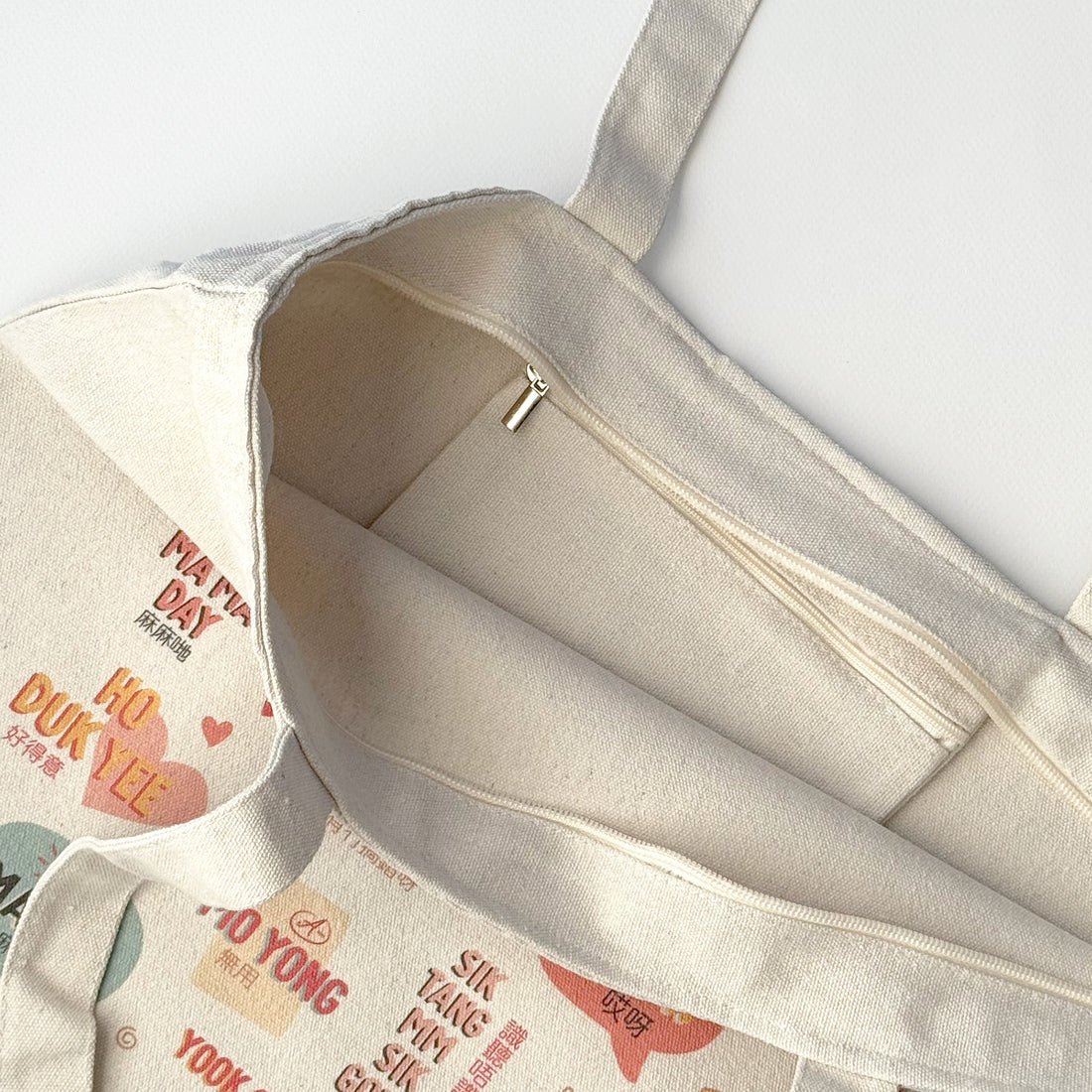 Cantonese sayings tote bag with zipper inside pocket by I&