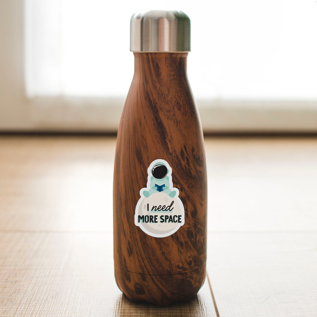 I need more space astronaut on moon vinyl sticker on wood water bottle