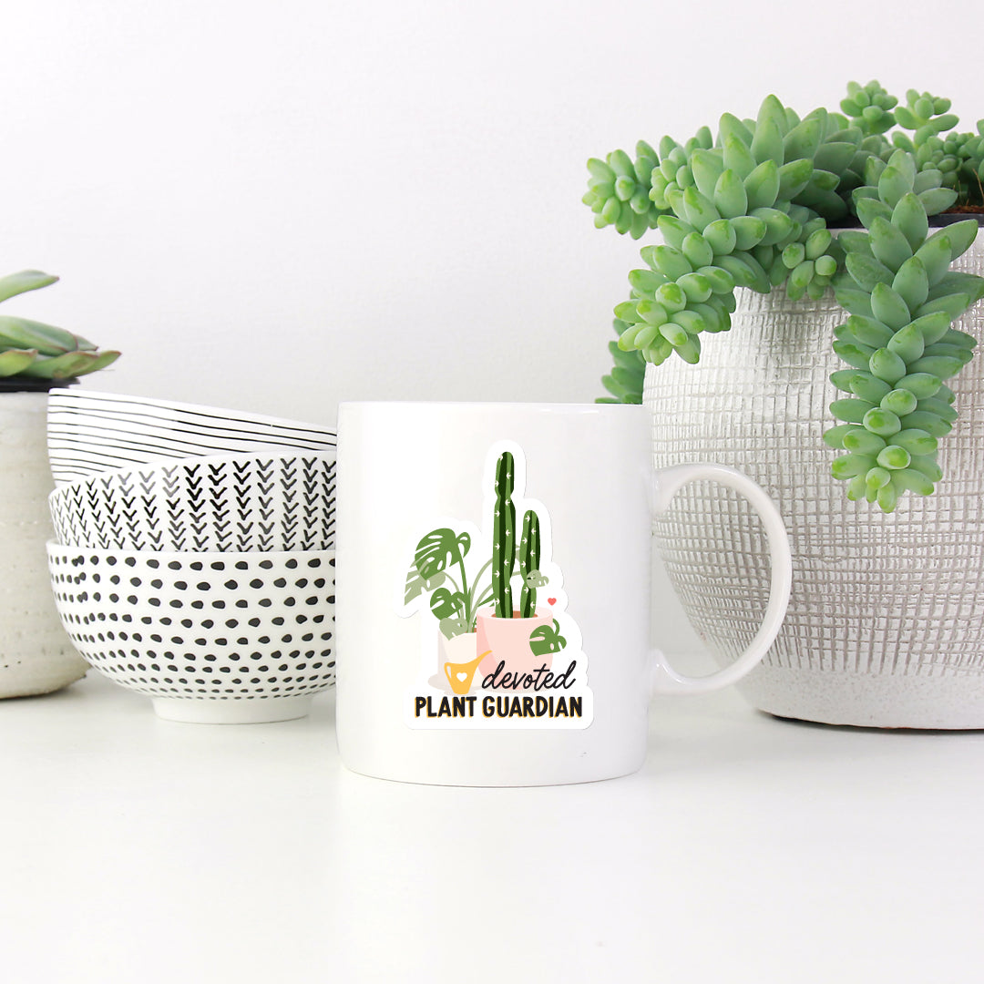 Devoted plant guardian vinyl sticker on white mug