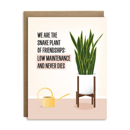 We are the snake plant of friendships: low maintenance and never dies friendship greeting card by I&