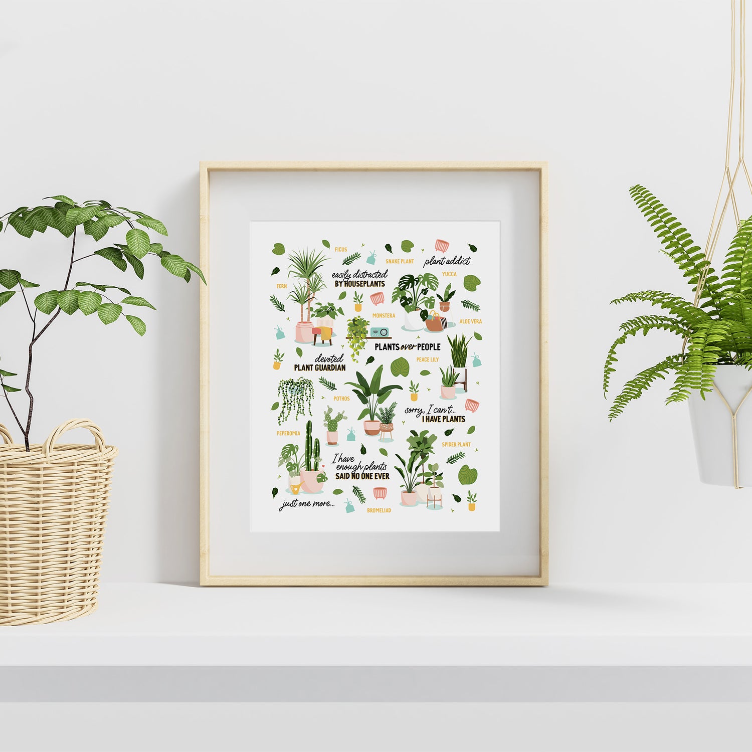 Plant lovers art print in frame on shelf
