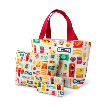Asian sweets + snacks pattern mini tote bag with matching zipper pouch and coin purse by I&
