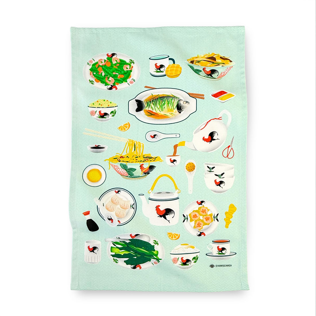 Tea towel with rooster dishware printed illustration by I&