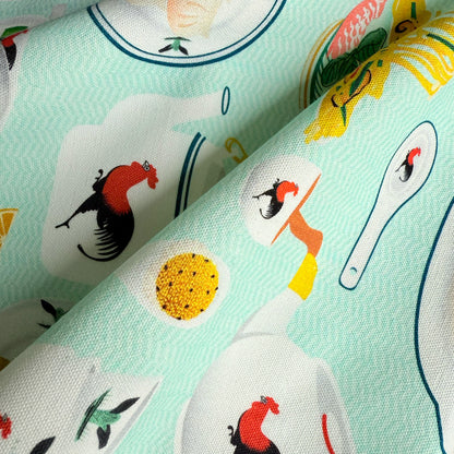 Tea towel with rooster dishware printed illustration by I&