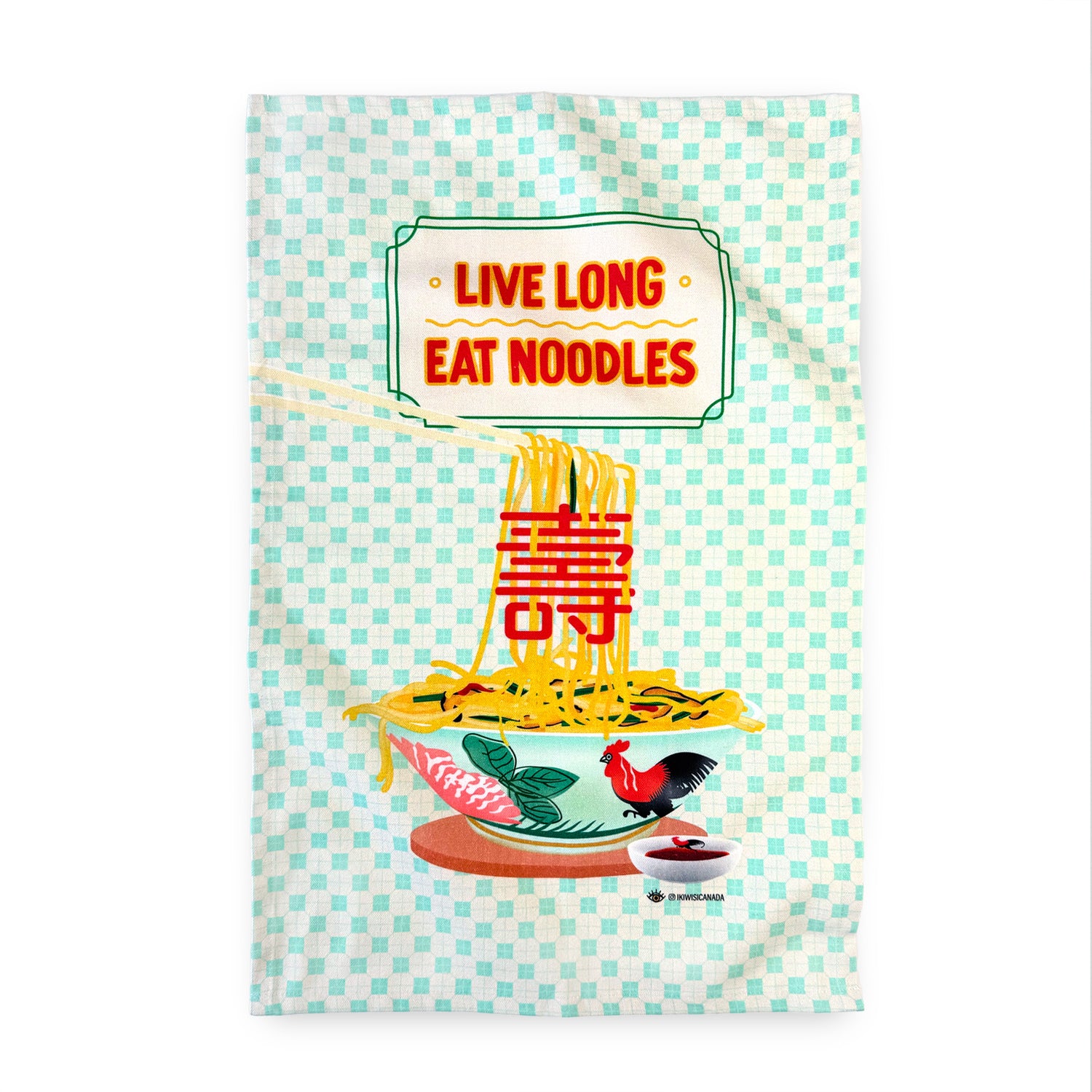 Tea towel with live long eat noodles printed illustration by I&