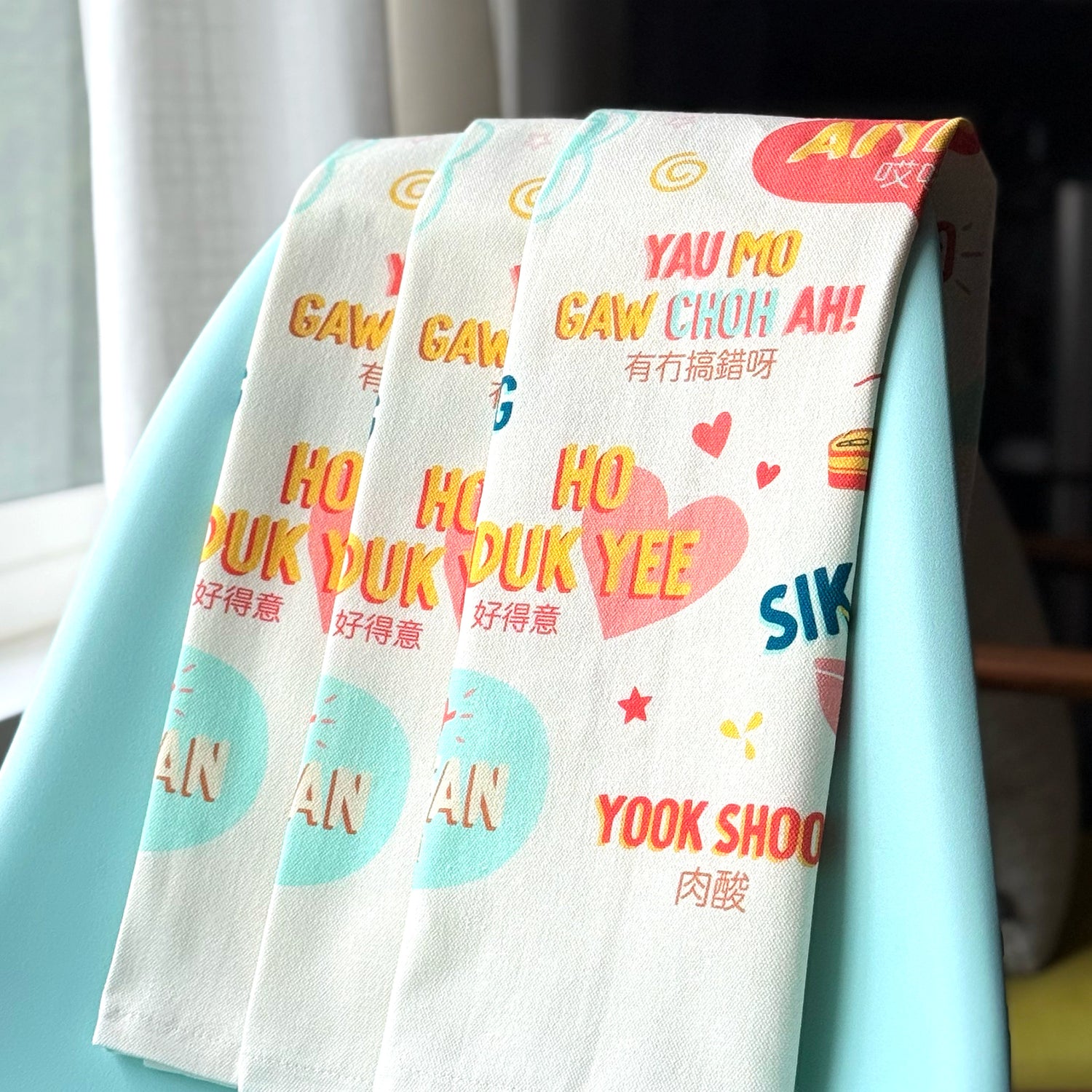 Tea towel with Cantonese sayings printed illustration by I&