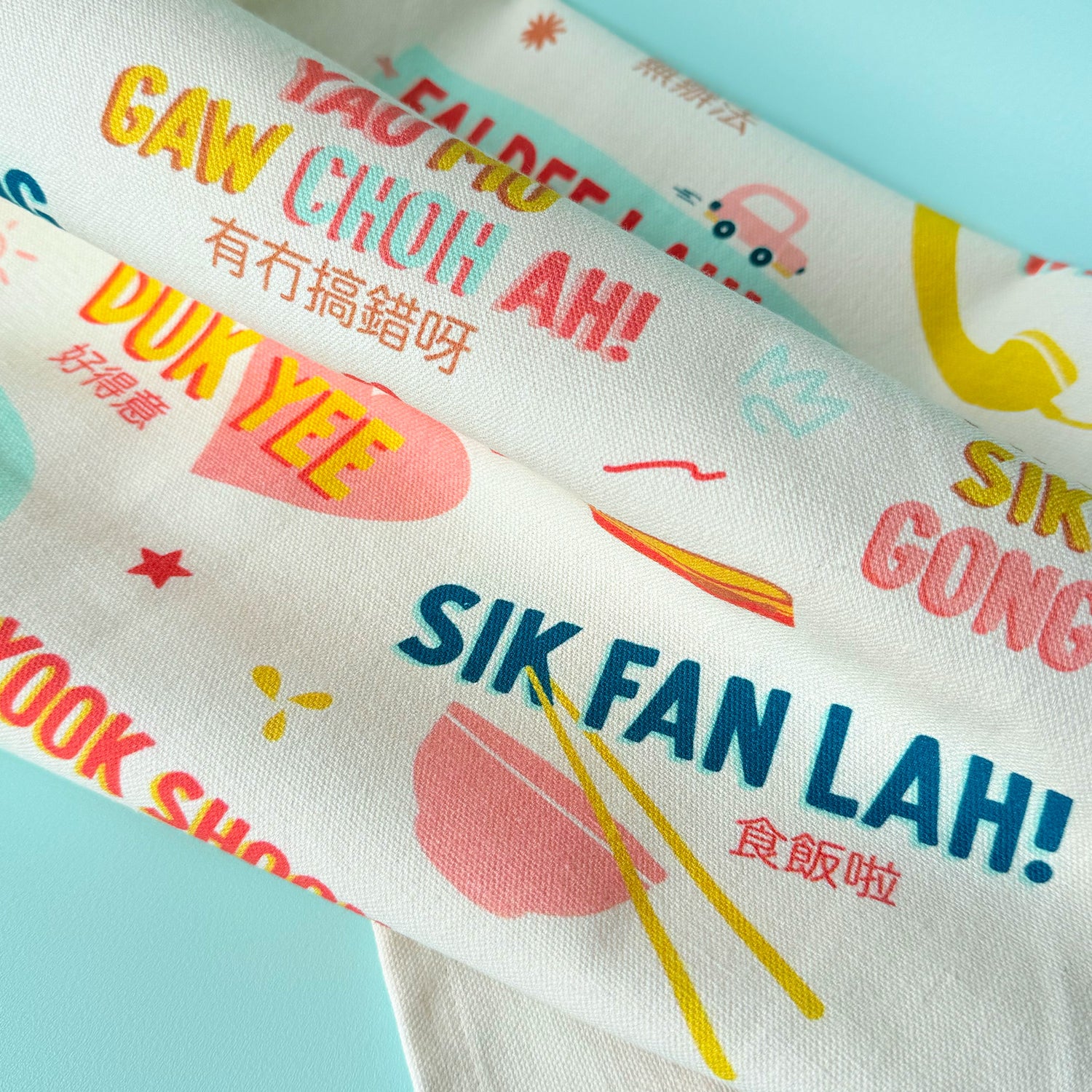 Tea towel with Cantonese sayings printed illustration by I&
