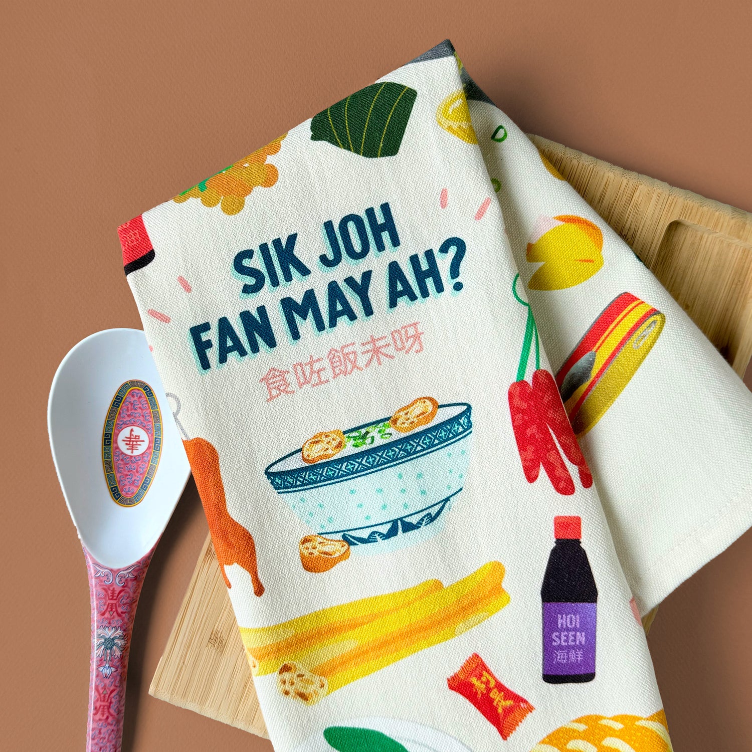 Tea towel with Cantonese foods printed illustration by I&