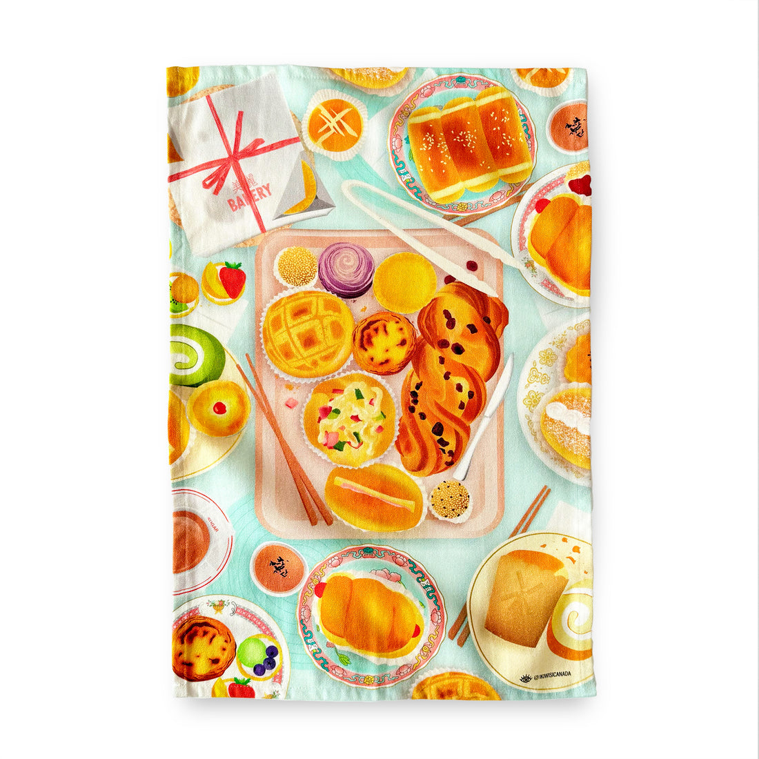 Tea towel with Chinese bakery pastries printed illustration by I&