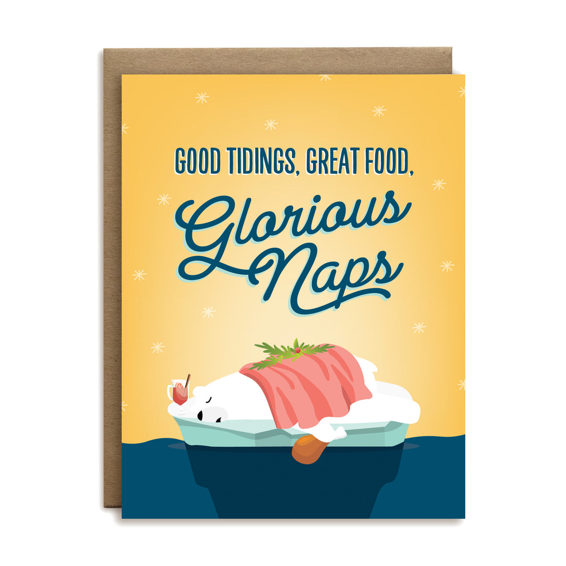 Good tidings, great food, glorious naps polar bear sleeping after meal holiday greeting card by I’ll Know It When I See It