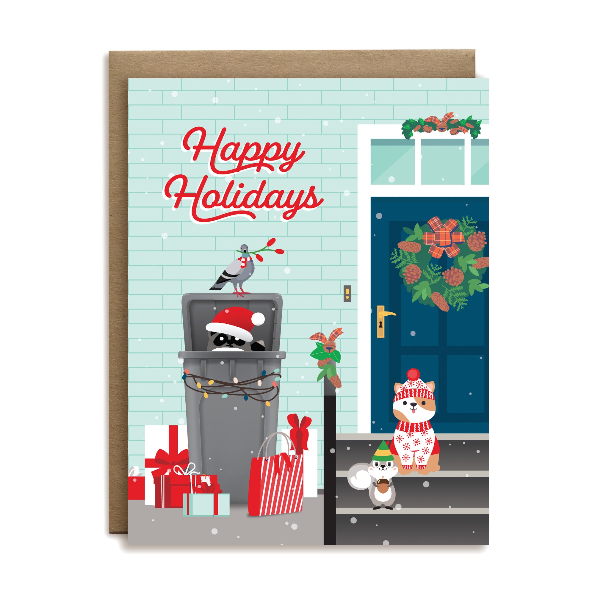 Happy holiday greeting card with raccoon, pigeon, squirrel and dog urban animals