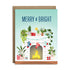Merry and bright holiday greeting card with plants by a fireplace