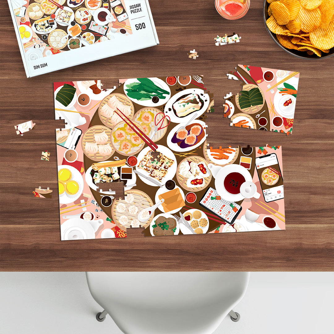 500 piece jigsaw puzzle with a dim sum illustration