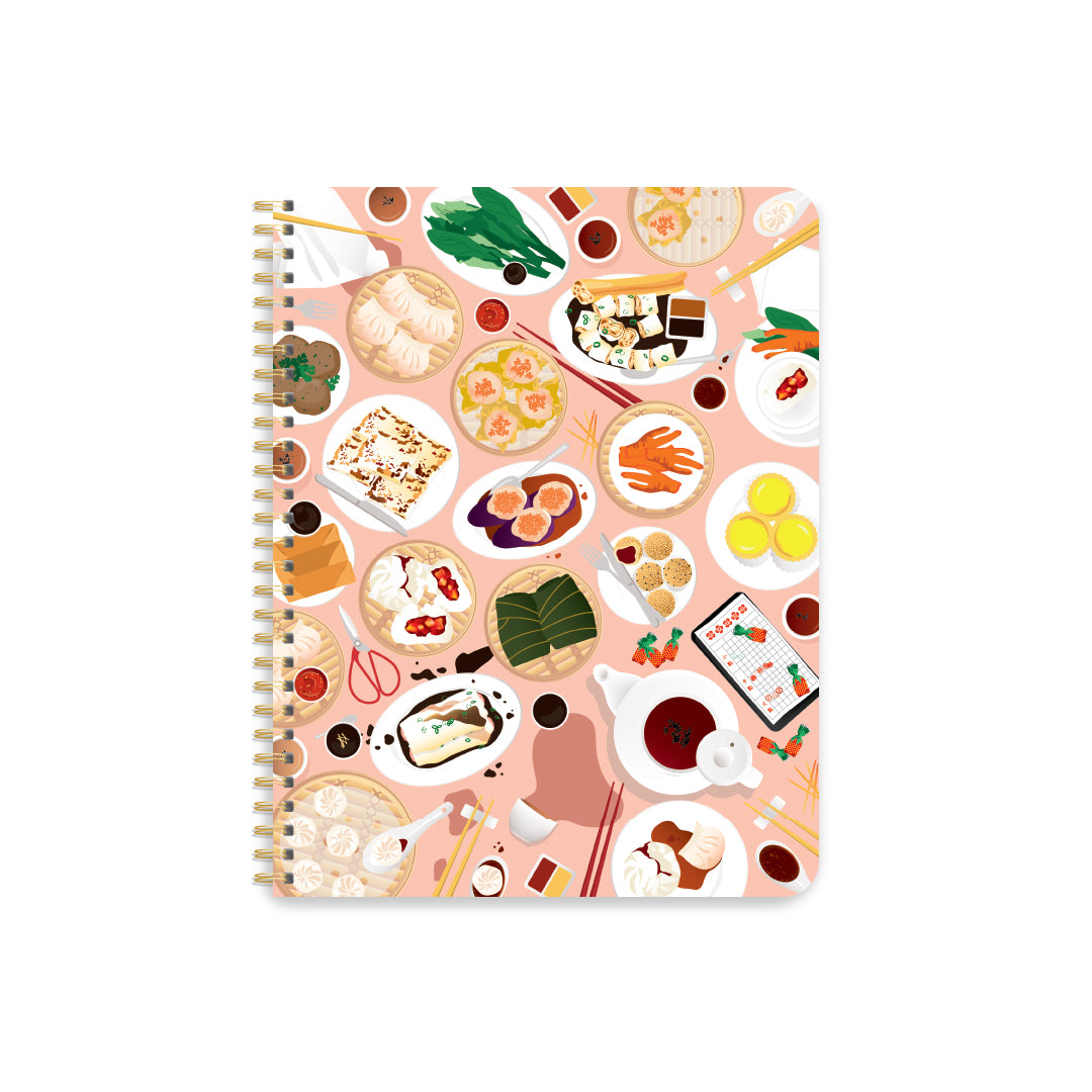 Coil bound lined notebook with dim sum illustration