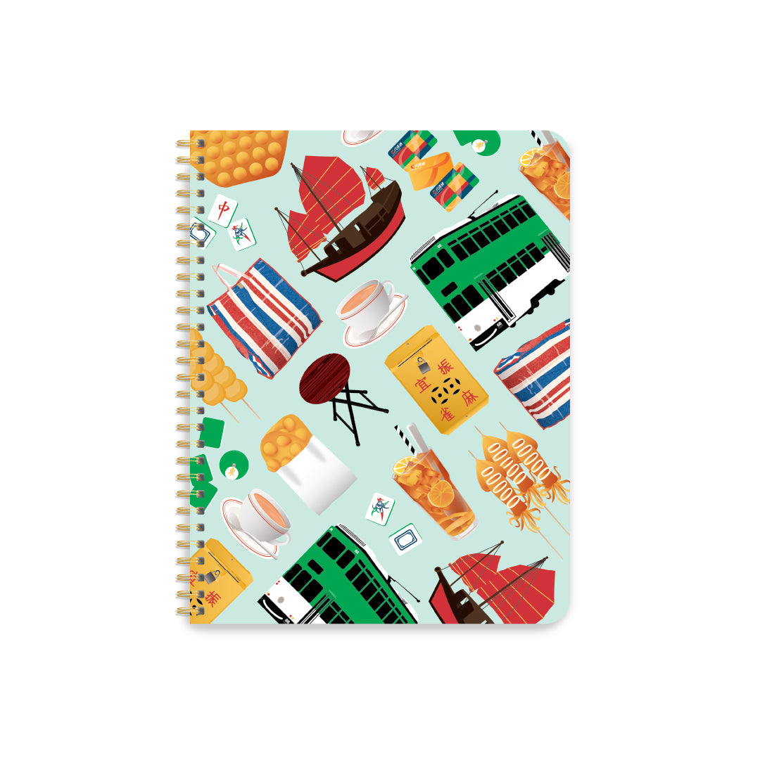 Coil bound lined notebook with illustrations depicting Hong Kong related objects