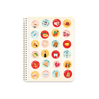 Coil bound lined notebook with Asian pun scratch and sniff sticker drawings
